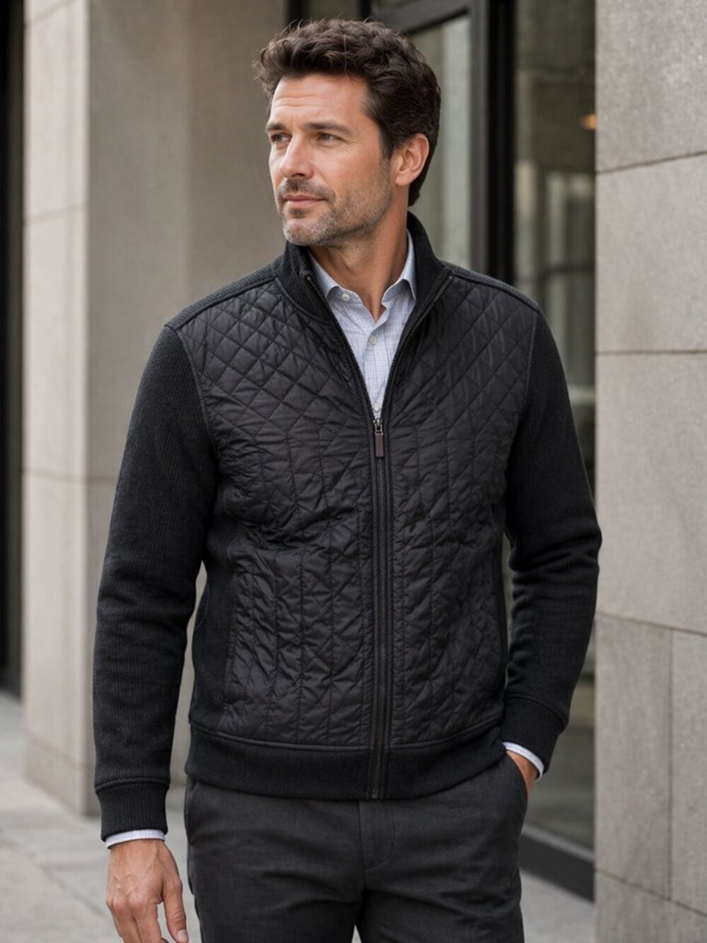Perry Ellis Black Quilted Zip Jacket Size Medium Professional Casual Modern Fit